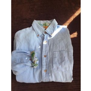 Blue Linen Shirt with Tropical Accents